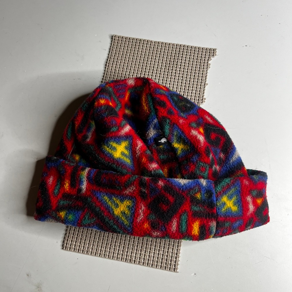 Turtle Fur Fleece Beanie Hat Red Blue Geometric Tribal Print Cuffed Winter Cap